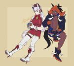  1boy 1girl animal_ears bangs black_hair black_hoodie blue_shorts boots closed_mouth commentary_request dark-skinned_male dark_skin gloves gold_ship_(umamusume) high_heel_boots high_heels hood hoodie horse_ears horse_girl horse_tail long_hair orange_headwear pokemon pokemon_(game) pokemon_swsh raihan_(pokemon) rubik&#039;s_cube sagemaru-br shoes shorts sleeveless smile tail thigh_strap umamusume white_footwear white_gloves white_hair 