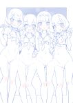  4girls :d :o arm_around_waist ass_visible_through_thighs bangs blue_theme blunt_bangs blush bob_cut bottomless bow bowtie braid breasts cleft_of_venus collared_shirt commentary crop_top delicious_party_precure front-tie_top fuwa_kokone grin groin hair_ornament hair_over_shoulder hairclip hanamichi_ran hand_on_another&#039;s_hip hand_on_hip highres holding_hands kasai_amane long_hair looking_at_viewer miyagoe_yoshitsuki monochrome multiple_girls nagomi_yui navel necktie nipples open_mouth outside_border parted_lips precure pussy shirt short_hair short_sleeves side-by-side small_breasts smile spot_color standing twin_braids v 