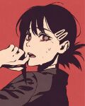  1girl bangs black_hair blush chainsaw_man eyelashes finger_to_mouth hair_ornament hairclip higashiyama_kobeni looking_at_viewer mole mole_under_eye monochrome moshimoshibe open_mouth red_background short_hair short_ponytail simple_background solo sweatdrop 