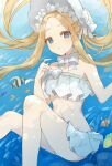  1girl abigail_williams_(fate) abigail_williams_(swimsuit_foreigner)_(fate) abigail_williams_(swimsuit_foreigner)_(third_ascension)_(fate) absurdres bangs bare_shoulders bikini blonde_hair blue_eyes blue_sky blush bonnet bow breasts fate/grand_order fate_(series) hair_bow highres long_hair looking_at_viewer miniskirt navel rin_(yukameiko) sidelocks skirt sky small_breasts smile swimsuit twintails underwater very_long_hair wading wet white_bikini white_bow white_headwear 