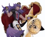  1boy :d aegislash baseball_cap blurry cape champion_uniform commentary_request dark-skinned_male dark_skin dynamax_band facial_hair from_below fur-trimmed_cape fur_trim hand_up hat holding holding_poke_ball leggings leon_(pokemon) long_hair male_focus open_mouth poke_ball poke_ball_(basic) pokemon pokemon_(game) pokemon_swsh purple_hair red_cape sagemaru-br shield_print shirt short_shorts short_sleeves shorts smile sword_print teeth tongue white_background white_shorts yellow_eyes 