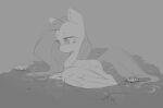  2022 blush equid equine feathered_wings feathers female feral fluttershy_(mlp) friendship_is_magic grey_background greyscale half-closed_eyes hasbro lily_pad looking_down mammal melodylibris monochrome my_little_pony narrowed_eyes pegasus plant simple_background solo swimming water wings 