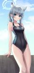 1girl animal_ear_fluff animal_ears arm_support bare_arms bare_shoulders black_swimsuit blue_archive blue_eyes blue_sky breasts cleavage closed_mouth cloud cloudy_sky collarbone commentary_request competition_swimsuit covered_navel day grey_hair groin hair_ornament halo long_hair medium_breasts omochimochi one-piece_swimsuit outdoors ponytail shiroko_(blue_archive) sidelocks sky solo swimsuit 
