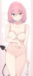  1girl :q absurdres arm_at_side arm_under_breasts ass_visible_through_thighs bangs bare_arms bare_shoulders black_tail blurry blurry_background blush bottomless bra breast_hold breasts cloba commentary cowboy_shot cupless_bra demon_tail dot_nose flower hair_between_eyes hair_flower hair_ornament heart heart-shaped_pupils heart_pasties highres holding holding_clothes holding_panties holding_underwear large_breasts legs_together licking_lips momo_velia_deviluke navel nipples panties panties_removed pasties pink_bra pink_hair purple_eyes pussy pussy_juice short_hair standing stomach symbol-shaped_pupils tail thigh_gap to_love-ru to_love-ru_darkness tongue tongue_out underwear white_panties 