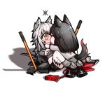  @_@ animal_ear_fluff animal_ears arknights bandaged_arm bandages black_hair black_nails black_shorts blush brown_eyes chibi commentary_request grey_hair grey_panties han_han_xiao_leng highres kiss lappland_(arknights) lightning_bolt_symbol long_hair multicolored_hair nail_polish nose_blush panties planted planted_sword red_hair sarashi shadow shirt short_shorts short_sleeves shorts shorts_removed streaked_hair sword tail texas_(arknights) underwear very_long_hair weapon white_background white_shirt yuri 