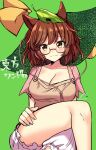 1girl :3 animal_ears bloomers blush breasts brown_hair cleavage commentary_request crossed_legs futatsuiwa_mamizou glasses hat leaf leaf_on_head looking_at_viewer medium_hair mio1030 one-hour_drawing_challenge raccoon_ears signature solo touhou twitter_username underwear yellow_eyes 