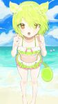 +_+ 3girls beach blush brown_eyes clenched_hands cloud commentary_request green_hair hair_over_eyes highres kotonoha_akane kotonoha_aoi long_hair looking_at_viewer multicolored_clothes multicolored_swimsuit multiple_girls open_mouth pea_pod personification ponytail pwww swimsuit water zundamon 