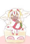  1girl ameamee69 animal_ears blonde_hair cake cake_slice chibi cloud commentary_request completely_nude dark-skinned_female dark_skin extra_arms facing_viewer faputa fewer_digits food fruit full_body hand_to_own_mouth holding holding_food holding_fruit long_hair made_in_abyss minigirl multicolored_hair multiple_sources multiple_tails nude on_food sidelocks simple_background sitting sitting_on_food solo strawberry strawberry_shortcake streaked_hair tail white_background white_fur white_hair yellow_eyes yellow_pupils 