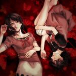  2girls amakura_mayu amakura_mio bandaged_leg bandages black_hair breasts brown_eyes dress fatal_frame fatal_frame_2 gauss_&lt;bokashi looking_at_viewer lying multiple_girls on_back ribbon short_hair siblings sisters skirt twins 