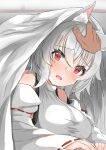  1girl absurdres animal_ears bed_sheet blush breasts detached_sleeves disembodied_limb grey_hair headpat highres inubashiri_momiji large_breasts looking_at_viewer open_mouth red_eyes regua ribbon-trimmed_sleeves ribbon_trim short_hair solo_focus touhou under_covers wide_sleeves wolf_ears 