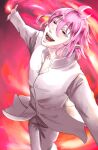  1boy asmodeus_alice demon_boy fangs fire highres looking_up mairimashita!_iruma-kun pants pink_hair pointy_ears red_eyes shirt smile user_agaf4235 white_pants white_shirt 