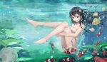  1274711628 1girl absurdres air_bubble bangs barefoot black_hair blue_eyes breasts bubble cleavage closed_mouth commentary_request dress feet fish fish_request hair_between_eyes hair_ornament highres long_hair original scenery shell_hair_ornament smile solo toes underwater white_dress 