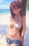  1girl absurdres bare_arms bare_shoulders beach bikini bikini_under_clothes blue_shorts blue_sky breasts breasts_apart brown_hair closed_mouth day denim denim_shorts hair_between_eyes halterneck highres jewelry kinta_(distortion) long_hair looking_at_viewer medium_breasts midriff mole mole_under_eye navel necklace ocean open_fly orange_eyes original outdoors sand short_shorts shorts sky smile solo standing stomach string_bikini swimsuit tan tanlines tree tree_shade undressing water white_bikini 