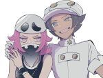 1boy 1girl aether_foundation_employee atsumi_yoshioka black_shirt commentary_request dark-skinned_male dark_skin grey_eyes hat jewelry jumpsuit long_hair necklace open_mouth pink_hair pokemon pokemon_(game) pokemon_sm shirt short_hair short_sleeves sleeveless sleeveless_shirt smile team_skull team_skull_grunt team_skull_uniform teeth tongue upper_teeth white_headwear white_jumpsuit wristband 
