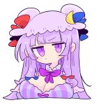  1girl bangs blue_bow blunt_bangs bow breasts bun_cover cleavage crescent crescent_hat_ornament double_bun dress hair_bow hair_bun hat hat_bow hat_ornament highres large_breasts long_hair looking_at_viewer mob_cap op_na_yarou patchouli_knowledge purple_dress purple_eyes purple_hair purple_headwear red_bow simple_background solo striped striped_dress touhou v-shaped_eyebrows vertical-striped_dress vertical_stripes very_long_hair white_background 