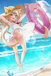  1girl :d animal_ears bangs blonde_hair blue_eyes blue_sky blush bottomless breasts cat_ears cloud dress fangs hair_censor hair_ornament hat hato_haru highres innertube looking_at_viewer navel no_panties ocean original outdoors sailor_collar sky sleeveless sleeveless_dress smile solo straw_hat twintails wading white_dress 