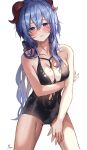 1girl alternate_costume arm_under_breasts bare_arms bare_shoulders between_breasts black_swimsuit blue_hair blush bow breasts cleavage ganyu_(genshin_impact) genshin_impact goat_horns hair_between_eyes hair_bow highres horns kneeling large_breasts looking_at_viewer o-ring o-ring_swimsuit one-piece_swimsuit parted_lips saya_(mychristian2) sidelocks signature simple_background solo swimsuit thighs wet white_background 