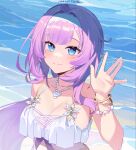  1girl 2022 absurdres artist_name bangs barefoot bikini blue_eyes breasts cleavage elf elysia_(honkai_impact) fled highres honkai_(series) honkai_impact_3rd jewelry large_breasts long_hair looking_at_viewer necklace ocean outdoors pink_hair pointy_ears ponytail sand seashell shell shell_necklace solo swimsuit water white_bikini 