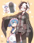  &gt;_&lt; 1boy 1girl apron arm_at_side arrow_(symbol) bangs beco_(100me) belt belt_pouch black_cloak black_eyes black_hair black_pants blue_eyes blue_hair blunt_bangs blush blush_stickers buttons chain chibi chibi_inset child clinging cloak closed_eyes clothes_grab collared_cloak commentary covering_with_clothes cowboy_shot crossdressing d: dotted_background dress dx eye_contact flying_sweatdrops frilled_apron frills gloves grey_gloves grey_jacket hair_between_eyes half-closed_eyes hatching_(texture) height_difference hiding hiding_behind_another highres jacket layered_dress long_sleeves looking_at_another looking_up made_in_abyss maid_apron maid_headdress male_child maruruk motion_lines multicolored_hair o-ring_belt otoko_no_ko outstretched_arm ozen pants pink_headwear pouch short_hair signature smile solid_circle_eyes solid_oval_eyes standing standing_on_box streaked_hair symbol-only_commentary translated triangle_mouth two-tone_hair waist_apron whistle whistle_around_neck white_apron white_hair yellow_background yellow_pupils 