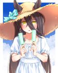  1girl alternate_costume animal_ears bangs black_hair blush bow cloud collarbone dress ears_through_headwear food green_bow hair_between_eyes hands_up hat highres holding holding_food horse_ears looking_at_viewer manhattan_cafe_(umamusume) open_mouth popsicle punto short_sleeves solo straw_hat umamusume upper_body white_dress yellow_eyes 