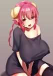  1girl bangs black_shirt blush breasts cleavage covered_nipples dragon_girl dragon_horns fang highres horns huge_breasts ilulu_(maidragon) kobayashi-san_chi_no_maidragon lactation lactation_through_clothes large_breasts long_hair looking_at_viewer multicolored_hair off_shoulder open_mouth pink_hair pointy_ears red_eyes red_hair shirt sitting skin_fang slit_pupils smile solo thighhighs twintails tyamame589 wariza 