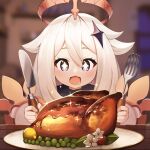  +_+ 1girl :3 :d absurdres bangs blurry blurry_background blush chicken_(food) drooling facing_viewer flower food fork fruit genshin_impact hair_flaps hair_ornament halo high_collar highres holding holding_fork holding_knife hungry indoors knife kurodae lemon mechanical_halo open_mouth paimon_(genshin_impact) plate purple_eyes sauce smile solo star_(symbol) star_hair_ornament sweet_madame_(genshin_impact) white_hair 