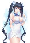  1girl absurdres anarchojs bangs black_hair blue_bow blue_bowtie blue_eyes blunt_bangs bow bowtie breasts closed_mouth commentary_request dungeon_ni_deai_wo_motomeru_no_wa_machigatteiru_darou_ka gloves hair_ribbon hestia_(danmachi) highres large_breasts looking_at_viewer rei_no_himo ribbon smile solo thighs twintails white_gloves white_ribbon 