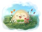  ^_^ bird closed_eyes cloud commentary_request day flechuzita flower grass highres no_humans open_mouth orange_flower outdoors pokemon pokemon_(creature) rowlet sky solo white_flower 