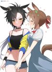  2girls ^_^ air_shakur_(umamusume) animal_ears ascot bangs bare_shoulders black_hair blue_dress blue_shorts blush breasts brown_hair camisole choker cleavage closed_eyes closed_mouth clover_hair_ornament crop_top dress eyebrow_piercing fine_motion_(umamusume) frown hair_bun hair_ornament highres holding_hands horse_ears horse_girl horse_tail jacket long_hair looking_at_another mono_(mono_zzz) multiple_girls navel off_shoulder open_clothes open_jacket open_mouth piercing pinafore_dress short_shorts short_sleeves shorts small_breasts smile sweatdrop tail twitter_username umamusume v-shaped_eyebrows white_ascot yellow_eyes yellow_jacket 