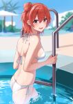  1girl :d absurdres bangs bikini blurry blurry_background blush breasts brown_eyes commentary_request from_behind hair_bun highres large_breasts looking_at_viewer looking_to_the_side marie_(pixiv31942978) open_mouth partially_submerged pool red_hair short_hair single_hair_bun single_side_bun smile solo swimsuit white_bikini yahari_ore_no_seishun_lovecome_wa_machigatteiru. yuigahama_yui 