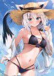  1girl animal_ear_fluff animal_ears aqua_eyes bikini bird blue_sky blush braid breasts closed_mouth cloud cowboy_shot day dot_nose fox_ears fox_girl fox_shadow_puppet fox_tail hat highres hololive long_hair looking_at_viewer medium_breasts multi-strapped_bikini navel off_shoulder outdoors pulled_by_self shirakami_fubuki shirt sky smile solo stomach strap_pull straw_hat swimsuit tail uechin_ewokaku underboob virtual_youtuber wading water wet white_hair white_shirt 