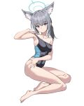  1girl animal_ear_fluff animal_ears bangs barefoot black_swimsuit blue_archive blue_eyes breasts clothes_pull collarbone competition_swimsuit covered_navel cross_hair_ornament deatheach extra_ears full_body grey_hair hair_ornament halo highres looking_at_viewer low_ponytail medium_breasts medium_hair mismatched_pupils multicolored_clothes multicolored_swimsuit one-piece_swimsuit shiroko_(blue_archive) shiroko_(swimsuit)_(blue_archive) simple_background solo swimsuit swimsuit_pull white_background 