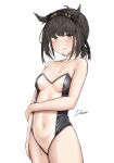  1girl arm_around_waist arm_at_side bangs bare_arms bare_shoulders black_hairband blush breasts brown_eyes brown_hair cleavage closed_mouth collarbone condom condom_in_mouth condom_wrapper covered_navel cowboy_shot driftkingtw embarrassed frown hair_flaps hairband hatsuzuki_(kancolle) kantai_collection leotard looking_at_viewer medium_breasts mouth_hold navel pussy see-through see-through_leotard short_hair short_ponytail signature simple_background solo strapless strapless_leotard sweat white_background 