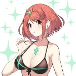  1girl :o absurdres adapted_costume bangs bare_shoulders bikini black_bikini black_ribbon blush breasts chest_jewel cleavage collarbone earrings front-tie_bikini front-tie_top green322 highres jewelry large_breasts official_alternate_costume open_mouth orange_eyes parted_bangs pyra_(pro_swimmer)_(xenoblade) pyra_(xenoblade) red_hair ribbon short_hair solo sparkle sparkle_background strap_lift swimsuit tiara two-tone_background upper_body white_background xenoblade_chronicles_(series) xenoblade_chronicles_2 