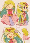  1girl artist_name back belt blonde_hair blue_eyes blush dress floating_hair gloves highres jewelry long_hair looking_at_viewer multicolored_hair multiple_persona necklace pink_dress princess_zelda the_legend_of_zelda the_legend_of_zelda:_spirit_tracks the_legend_of_zelda:_the_wind_waker tiara tokuura 