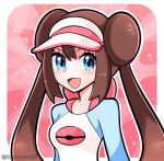  1girl blue_eyes border bow brown_hair chocomiru closed_mouth commentary double_bun doughnut_hair_bun english_commentary hair_bun hand_up happy highres long_hair looking_at_viewer outside_border poke_ball_print pokemon pokemon_(game) pokemon_bw2 rosa_(pokemon) smile solo touyarokii twintails upper_body visor_cap white_border 