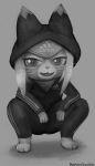  2022 adidas anthro barefoot capcom clothed clothing crouching despairchanpu feet felid felyne female front_view full-length_portrait fully_clothed gopnik greyscale hi_res looking_at_viewer lynian mammal monochrome monster_hunter monster_hunter_stories_2:_wings_of_ruin open_mouth palico portrait slav_squat solo tracksuit tsukino_(monster_hunter_stories) video_games whiskers 