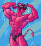  abs dark_hair demon eyes_closed hi_res horn humanoid humanoid_pointy_ears lapinbeau male muscular muscular_male pecs presenting signature simple_background solo spade_tail sparkles speedo_only subscribestar_link 