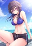  1girl bare_arms bare_shoulders bikini bikini_top_only black_hair black_shorts blue_bikini breasts cleavage closed_mouth collarbone day drawstring halterneck highres ichinose_uruha large_breasts light_rays long_hair looking_at_viewer lupinus_virtual_games miyagi_ratona multicolored_hair navel ocean outdoors purple_eyes short_shorts shorts sitting smile solo stomach strap_gap streaked_hair string_bikini sunbeam sunlight swimsuit thighs virtual_youtuber vspo! 