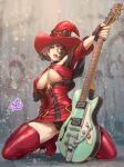  1girl arm_support bare_shoulders bob_cut boots breasts choker electric_guitar fujii_eishun guilty_gear guitar hat heterochromia highres i-no instrument kneeling large_breasts lips makeup mole mole_above_mouth mole_under_eye nail_polish o-ring o-ring_top pose red_lips red_nails rock short_hair sideboob signature spread_legs thigh_boots thighs tiptoes underboob witch witch_hat 