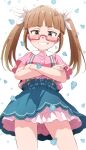  1girl bangs blue_skirt bolt breasts brown_eyes brown_hair buttons collar commentary_request crossed_arms dot_nose frilled_skirt frills from_below gomennasai grin hair_ribbon highres idolmaster idolmaster_cinderella_girls ikebukuro_akiha long_hair looking_at_viewer pink-framed_eyewear pink_shirt ribbon semi-rimless_eyewear shirt short_sleeves skirt small_breasts smile smug solo suspender_skirt suspenders teeth thighs twintails v-shaped_eyebrows white_background white_collar white_ribbon 