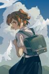  1girl aijou_karen animal artist_name backpack bag bangs bird blue_skirt blue_sky blurry brown_eyes brown_hair cloud collared_shirt commentary cowboy_shot crown_hair_ornament day depth_of_field dove from_behind green_bag guagua_shijie hair_ornament hairclip hand_up holding_strap light_particles looking_at_viewer looking_back one_side_up outdoors parted_lips profile school_bag school_uniform shirt short_hair short_sleeves shoujo_kageki_revue_starlight skirt sky smile solo standing swept_bangs white_shirt younger 
