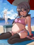  2girls abyssal_ship akebono_(kancolle) bangs beach beach_towel beach_umbrella bell big_belly bikini black_thighhighs blue_sky breasts casual_one-piece_swimsuit closed_eyes cloud day enemy_naval_mine_(kancolle) flower garter_straps grey_hair hair_bell hair_between_eyes hair_flower hair_ornament hand_on_own_stomach highleg highleg_swimsuit highres jingle_bell kantai_collection long_hair medium_breasts multiple_girls ocean official_alternate_costume one-piece_swimsuit outdoors parted_bangs pregnant purple_bikini purple_eyes purple_hair sagiri_(kancolle) sand side_ponytail sitting sky standing swimsuit thighhighs towel umbrella very_long_hair waving white_swimsuit yuki_to_hana 