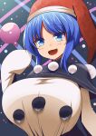  bangs black_capelet blue_eyes blue_hair breasts capelet doremy_sweet dream_soul dress highres large_breasts long_sleeves multicolored_clothes multicolored_dress nightgown open_mouth pom_pom_(clothes) red_headwear short_hair solo touhou xialu_zajin 