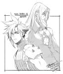  2boys armor bangs border character_name chest_strap cloud_strife earrings final_fantasy final_fantasy_vii final_fantasy_vii_remake greyscale hair_behind_ear hair_between_eyes high_collar hiryuu_(kugelcruor) jacket jewelry long_hair looking_at_viewer looking_to_the_side male_focus monochrome multiple_boys open_collar parted_bangs sephiroth short_hair shoulder_armor signature single_earring sleeveless sleeveless_turtleneck spiked_hair suspenders turtleneck upper_body 
