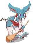  anthro blue_body blue_fur blush bottomwear broom censored cleaning_tool clothing cottontail female fur hi_res lagomorph leporid mammal rabbit skirt solo wedgie 