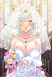  1girl absurdres alternate_costume blue_eyes blue_flower blue_rose bouquet breasts bridal_gauntlets bridal_veil bride collarbone dress elbow_gloves flower gloves grey_hair hair_ornament hair_over_one_eye hairclip hamakaze_(kancolle) highres holding holding_bouquet indoors jewelry kantai_collection large_breasts necklace pink_flower pink_rose red_flower red_rose ring rose sarfata short_hair solo strapless strapless_dress veil wedding_dress wedding_ring white_dress white_gloves yellow_flower yellow_rose 