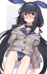  1girl animal_ears ass ass_visible_through_thighs black_hair blue_archive blue_eyes blush bow bowtie breasts detached_collar fake_animal_ears glasses hair_between_eyes hairband highres jewelry long_hair miyamae_(miyazen9311) necklace playboy_bunny rabbit_ears small_breasts sweater ui_(blue_archive) 