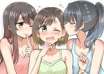  3girls ;p betock black_hair blush breasts brown_hair cleavage closed_eyes commentary_request green_eyes heart highres licking licking_ear long_hair medium_breasts multiple_girls one_eye_closed orange_eyes original ponytail short_hair simple_background sweatdrop tongue tongue_out upper_body wavy_mouth white_background yuri 