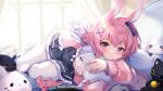  1girl animal_ears bed bow cellphone commentary commission curtains doll english_commentary hair_between_eyes hair_ornament highres indie_virtual_youtuber iphone_11_pro long_sleeves nintendo_switch nyatrix pantyhose phone pink_eyes pink_hair rabbit_ears short_hair smartphone usagi_kira wings 